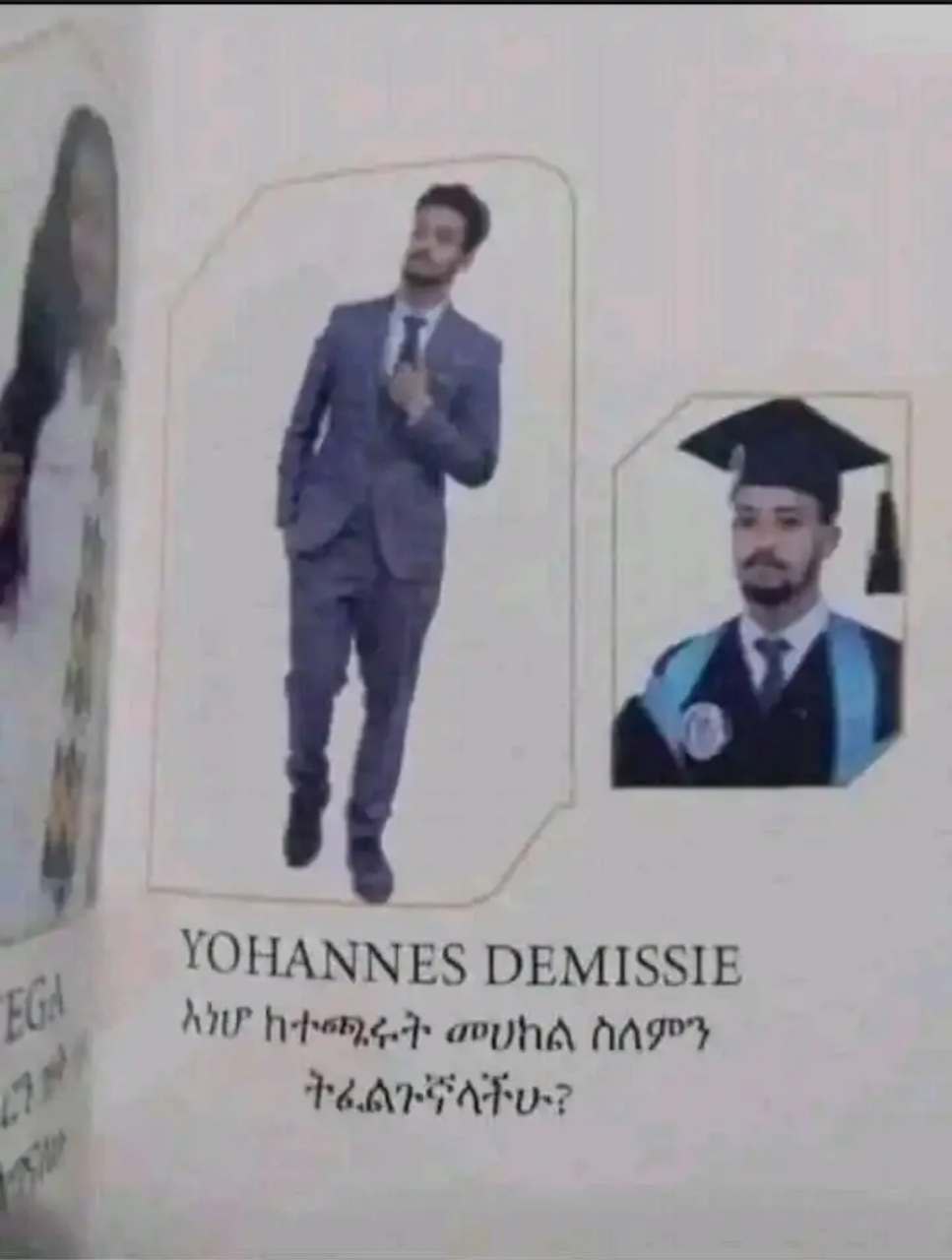a man in a suit and tie is standing next to a wall with pictures of him